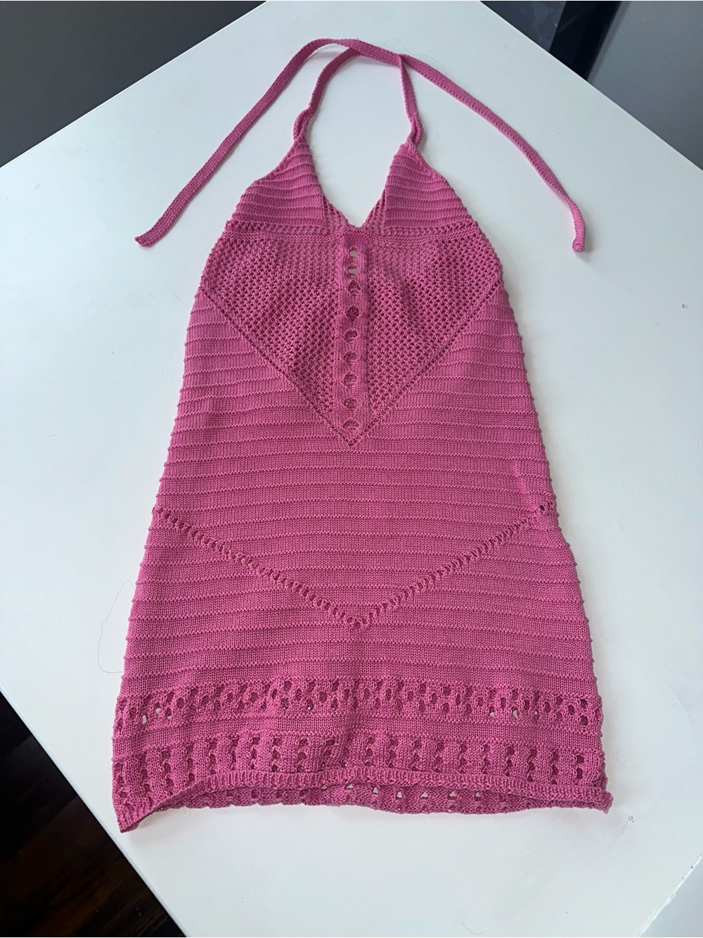 White Fox Boutique Pink Crochet Halter Mini Dress